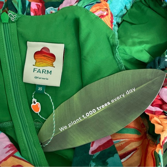 FARM Rio Banana Foliage Multicolor Puffed Sleeve Midi Dress XS NWT - Picture 11 of 16